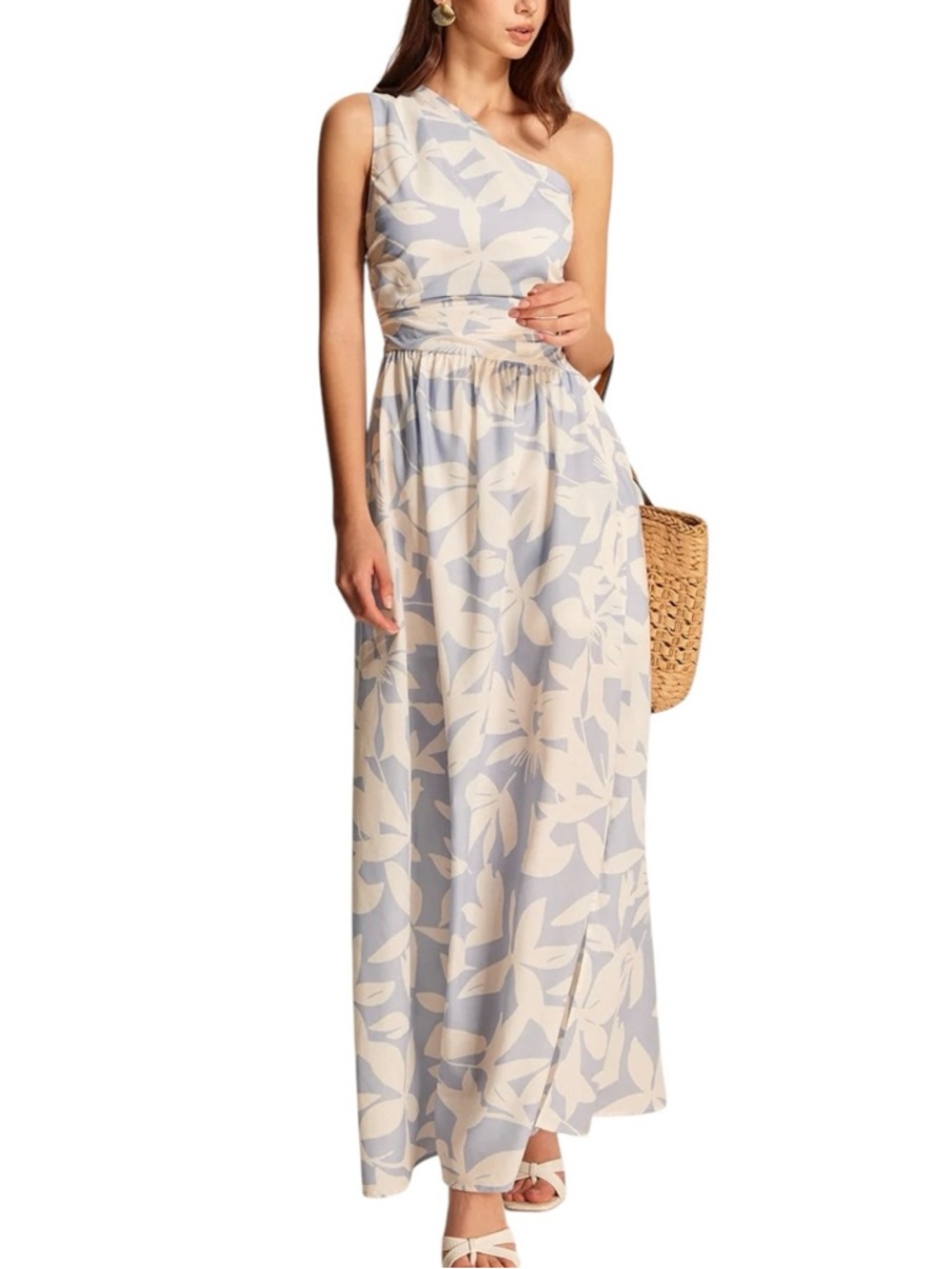 Commense Light Blue White Floral One Shoulder Ruched Maxi Dress XS NWT
